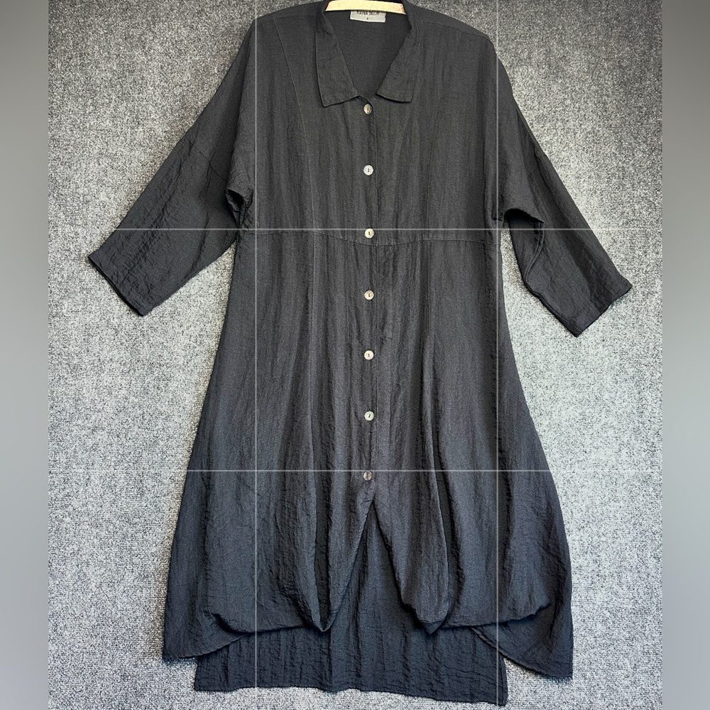 Eleven Stitch Design California button front duster S charcoal crinkle lagenlook